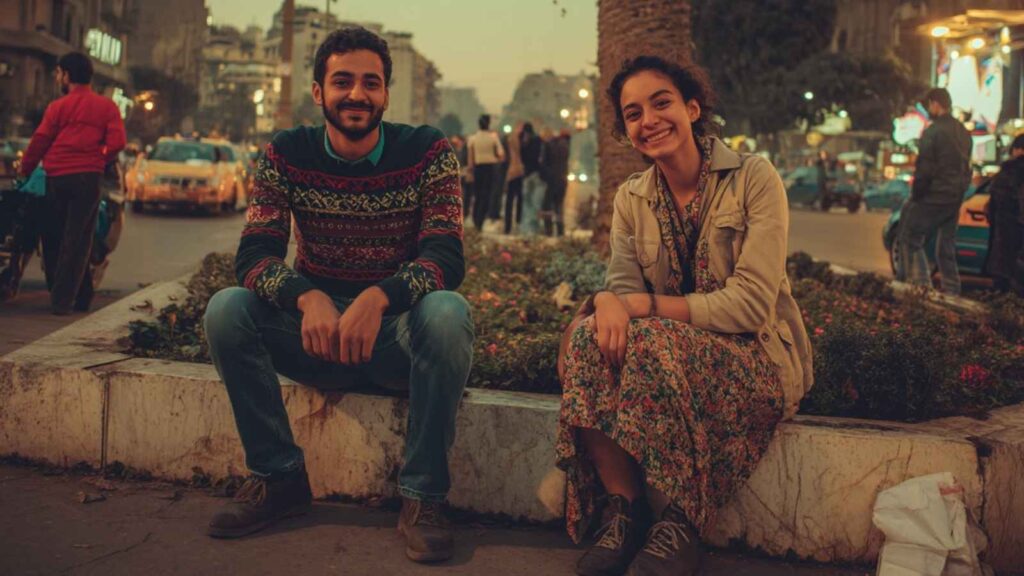 Young man and woman in Cairo in February, dressed in light sweaters and jackets
