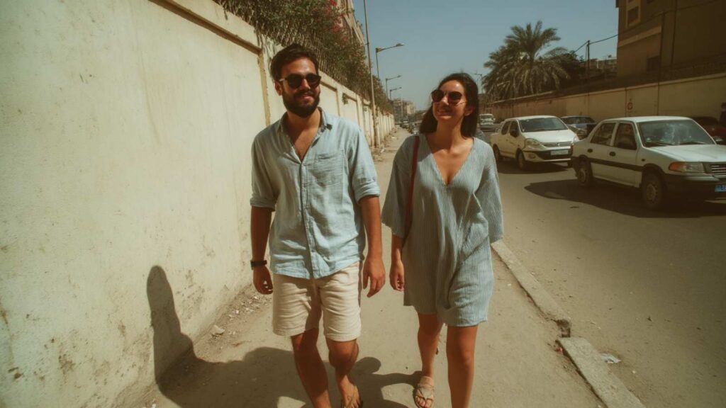 man and woman in Cairo during May, dressed in lightweight clothing to beat the heat, with a sunny outdoor setting