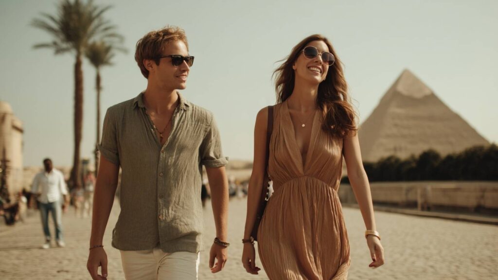 man and woman in Cairo in June, dressed in summer clothing suitable for hot weather, walking under the sun