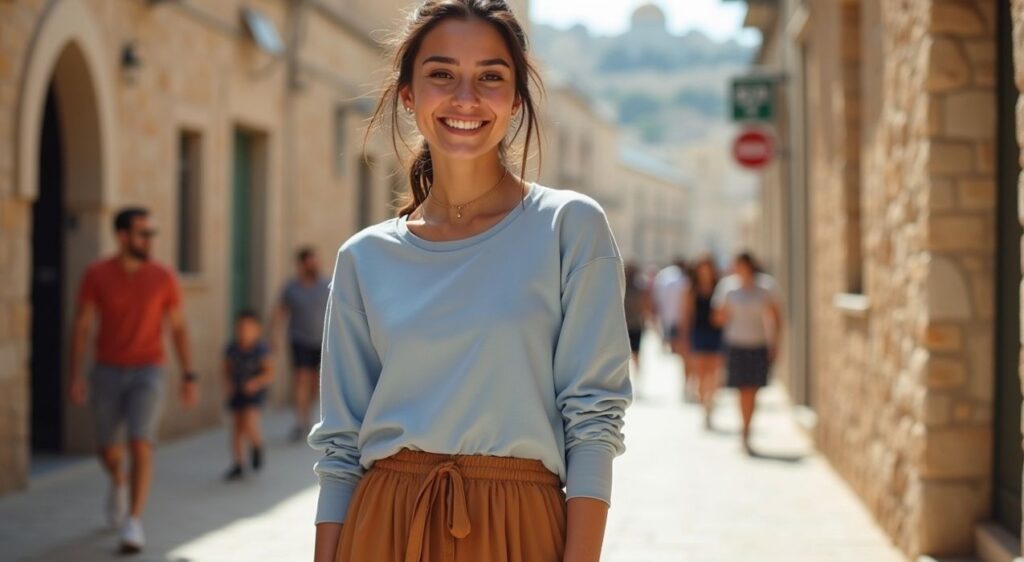 Woman with Stylish casual outfit for walking around modern Jerusalem markets