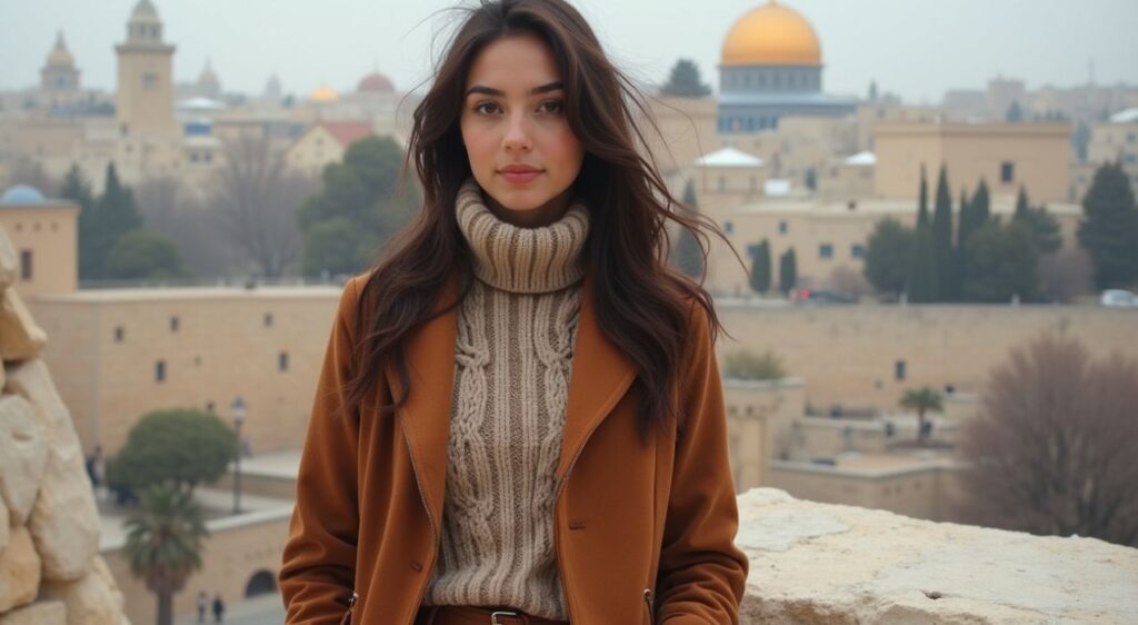 Woman in Winter outfit with sweater, jacket, and boots for Jerusalem's chilly mornings