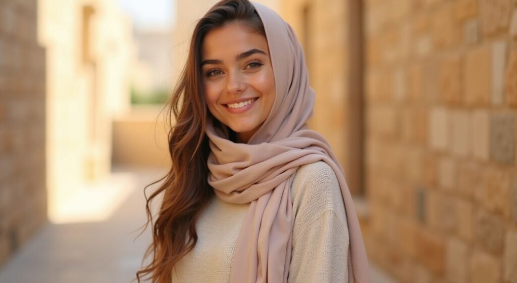 Woman with Simple scarf to cover shoulders for modesty in Jerusalem