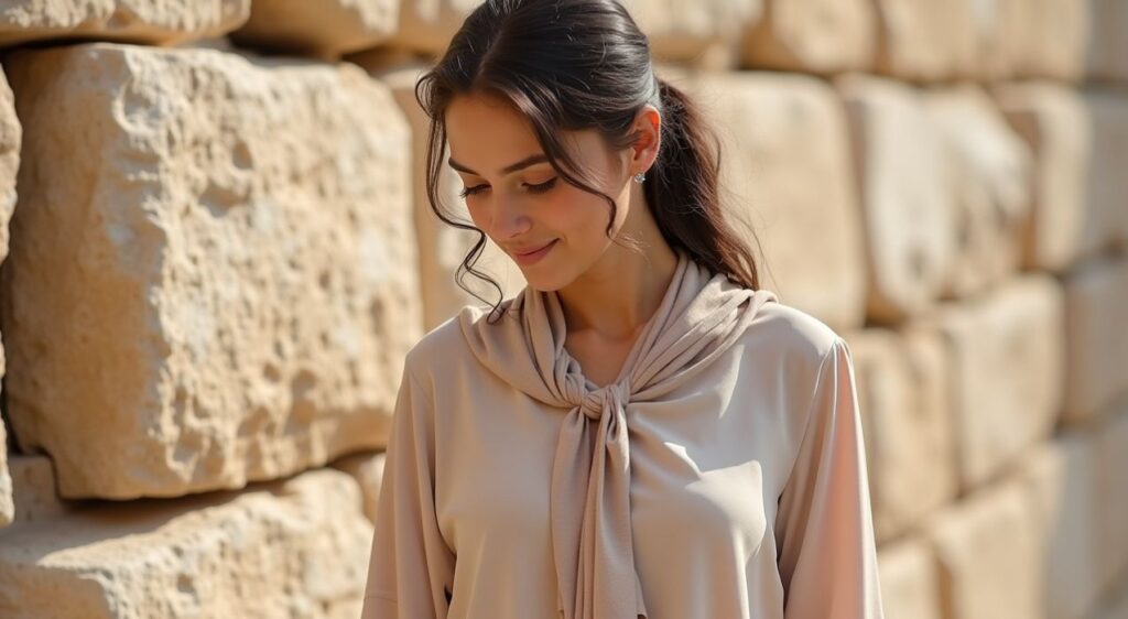 Female with Modest outfit for visiting the Western Wall in Jerusalem, covering shoulders