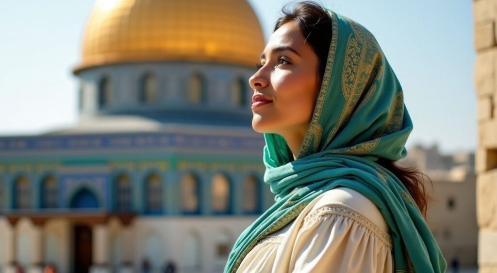 Woman With Modest outfit with tunic and hijab for visiting Al-Aqsa Mosque