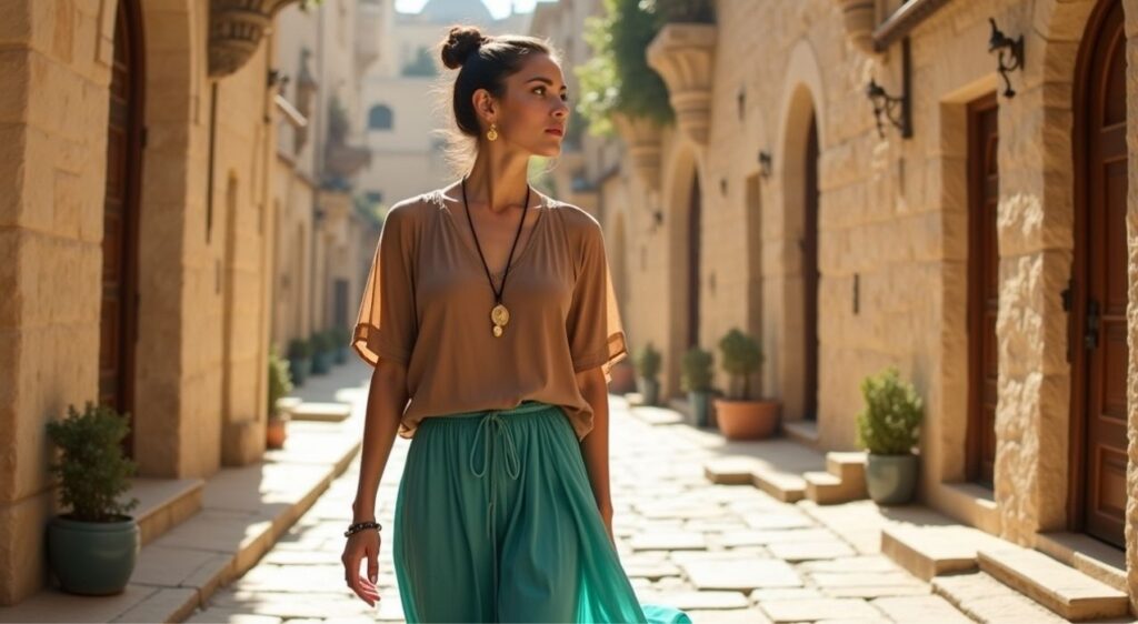 Comfortable outfit with loose blouse and long skirt for Old City visit