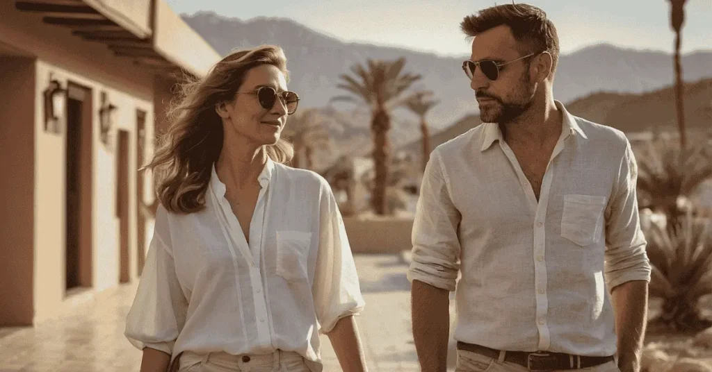 Man and woman in transitional layered outfits for February in Eilat