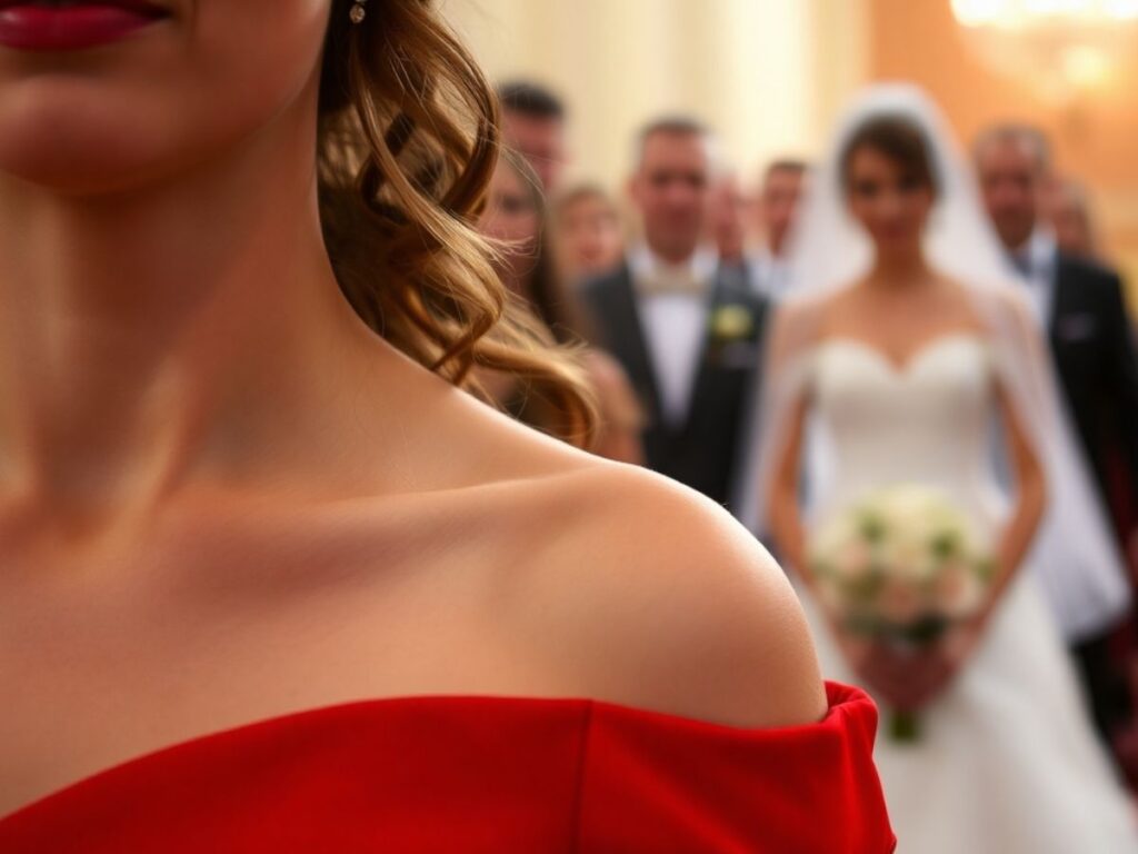 Woman wearing a red dress at a Jewish wedding, with the bride in white, showing the contrast in color choices