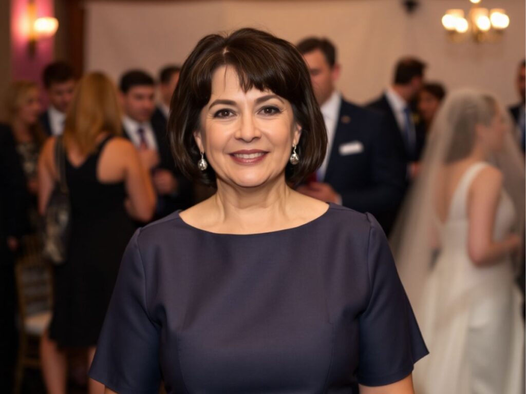 Woman in a muted navy dress at a Jewish wedding, emphasizing elegant yet respectful attire