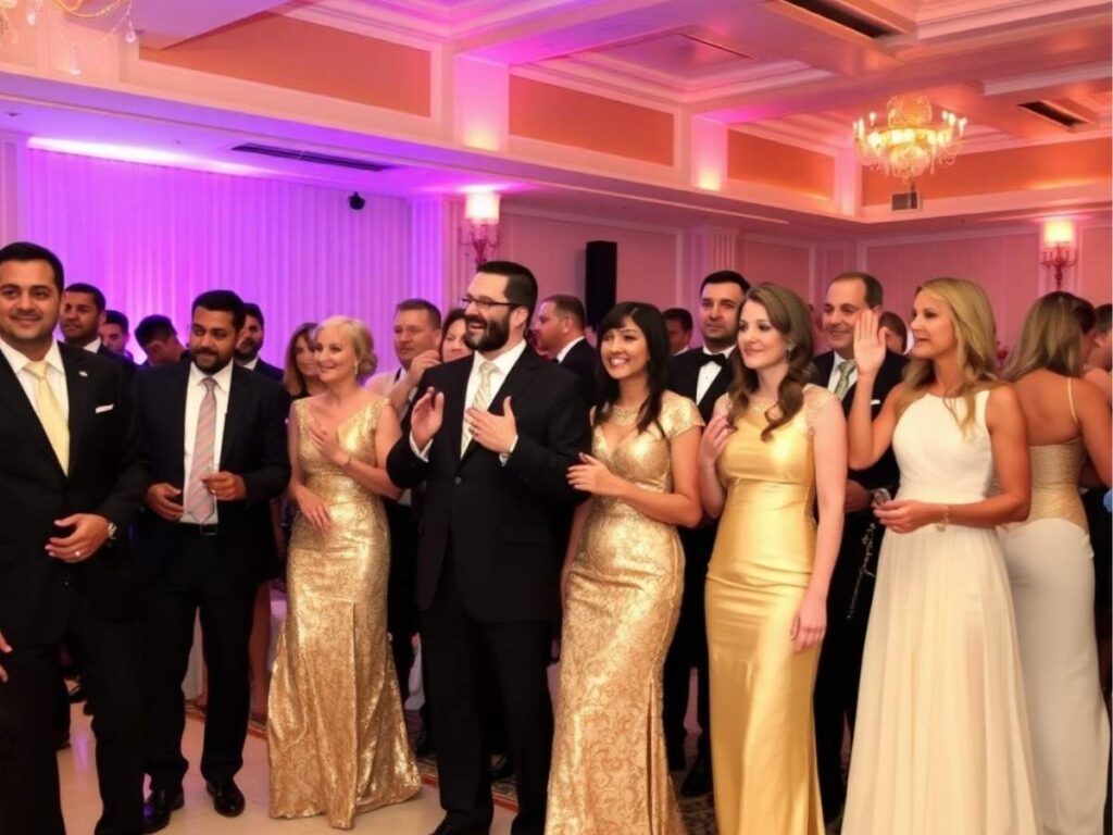 Wedding guests in gold and cream tones, aligning with the theme of the Jewish wedding