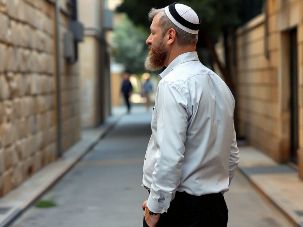 A man wearing a button-down shirt, dark trousers, and a kippah on a tranquil street in Jerusalem, observing Shabbat