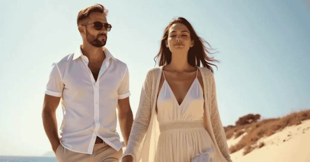 Man and woman in airy, layered outfits for April in Eilat with warm sun and breezy vibes.