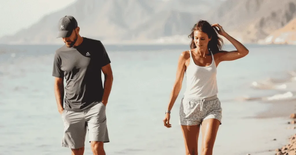 Man and woman in summer-ready, light outfits for May in Eilat’s sunny desert.