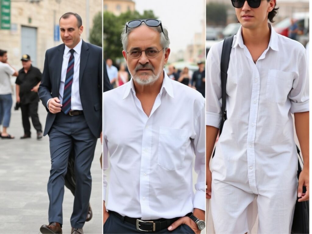 One man showcasing three Shabbat-appropriate outfits: formal in Jerusalem, relaxed in Tel Aviv, and lightweight linen in Eilat