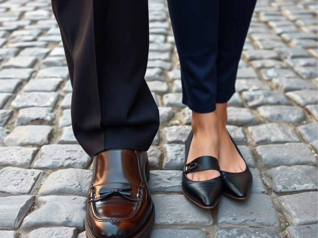 A close-up of a man’s polished loafers and a woman’s closed-toe flats on a cobblestone path in Israel, suitable for Shabbat gatherings