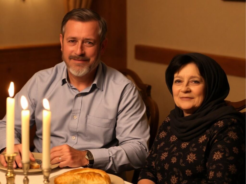 A family sitting around a Shabbat table with candles and challah, featuring a man in a crisp button-down shirt and a woman in a modest dress