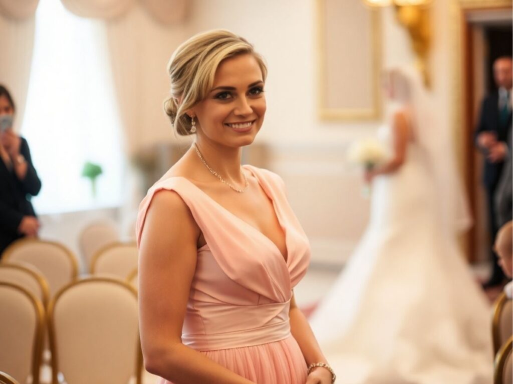 Woman in a pastel-colored dress at a Jewish wedding with the bride in a white gown in the background