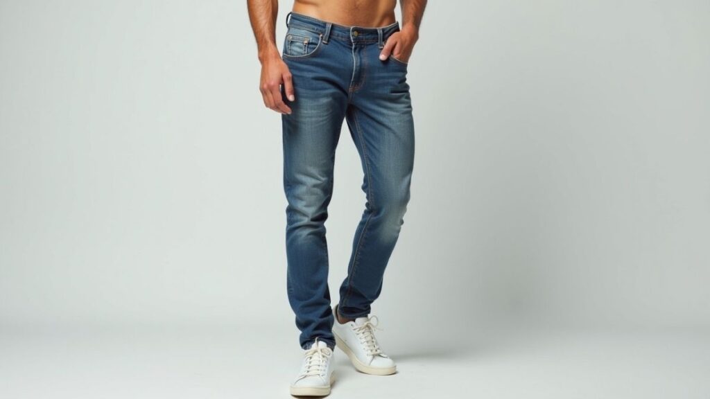 Man in athletic fit jeans, providing space for thicker thighs and a stylish look
