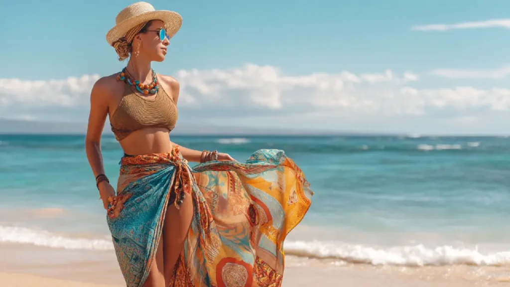 A young woman tying a side knot skirt made from a colorful sarong on the beach with the ocean in the background
