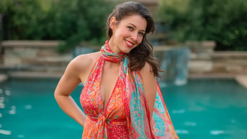 A woman wearing a front open halter dress made from a sarong, standing by the pool with clear water reflecting the sunlight