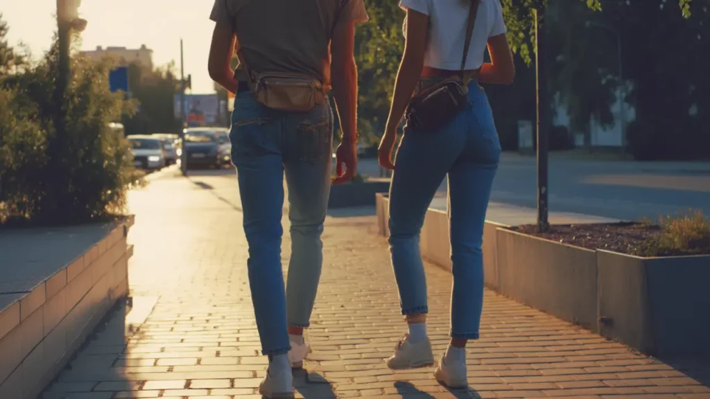 Stylish young man and woman wearing fanny packs at the waist, strolling through a city street in casual attire