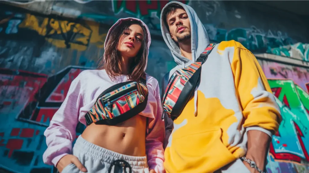 Young couple sporting fanny packs crossbody while dressed in festival streetwear, with a vibrant graffiti backdrop