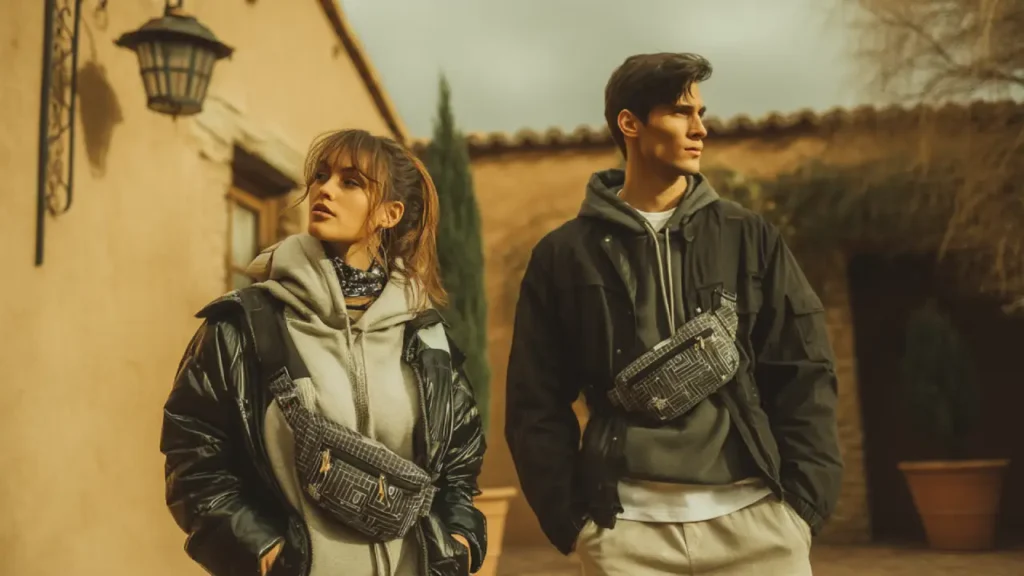 Stylish young couple wearing fanny packs over their outerwear in a trendy, autumn outdoor setting