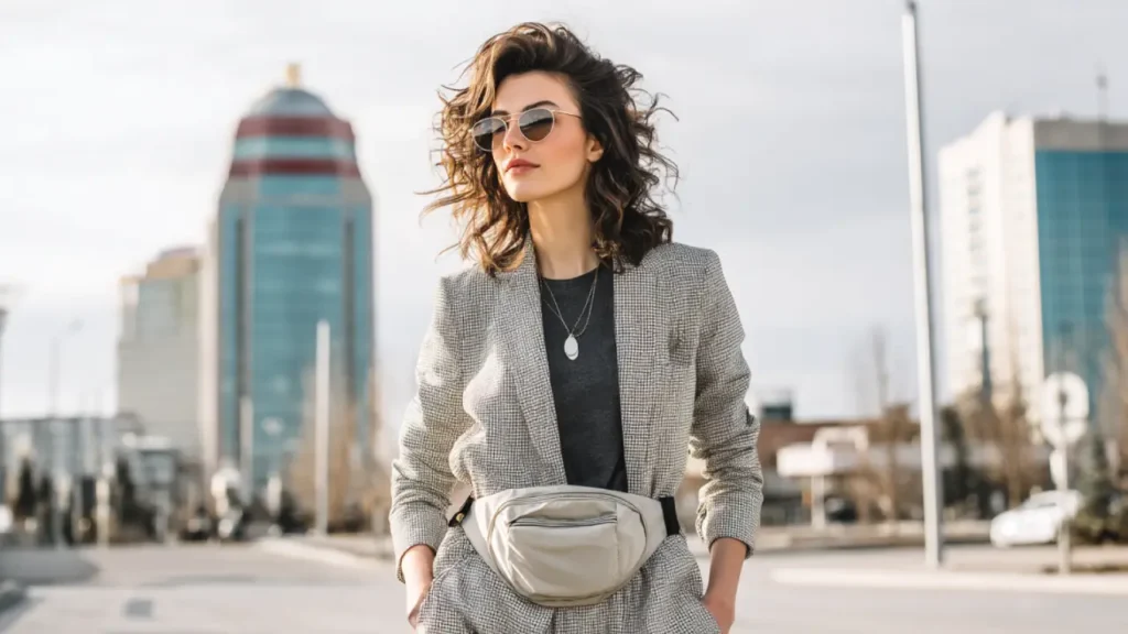 Fashionable young woman wearing a fanny pack high on her waist, dressed in a chic blazer against an urban backdrop