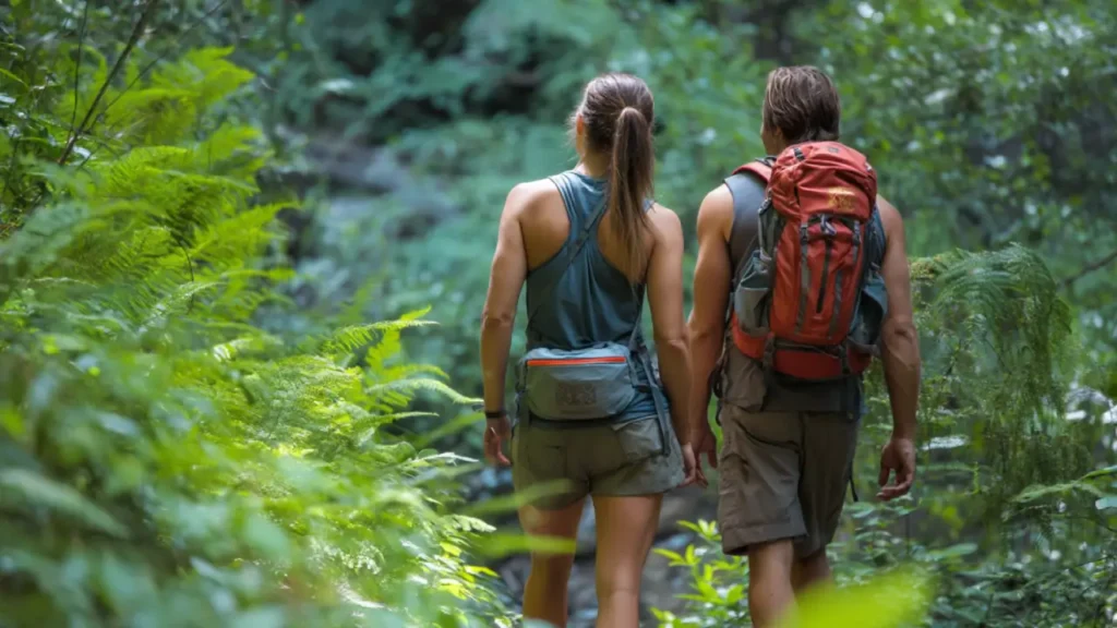 Young couple with fanny packs on their back while hiking in nature.