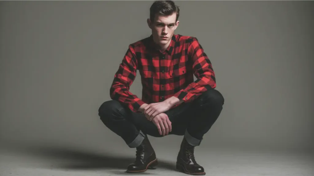 A man in a red and black checkered flannel shirt, buttoned up, paired with dark jeans and leather boots, standing confidently.