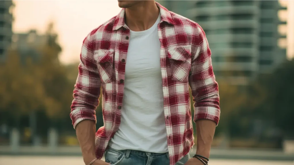 A man in an open red and white checkered flannel shirt layered over a white t-shirt, with jeans and sneakers in an outdoor setting.