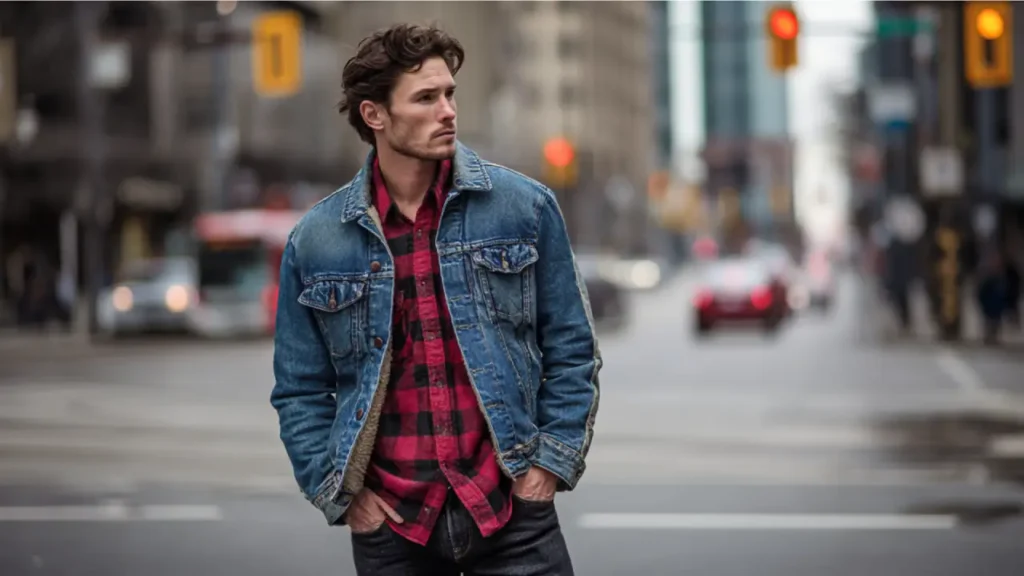 A man wearing a denim jacket over a red and black checkered flannel shirt, paired with boots and dark jeans, in an urban setting.