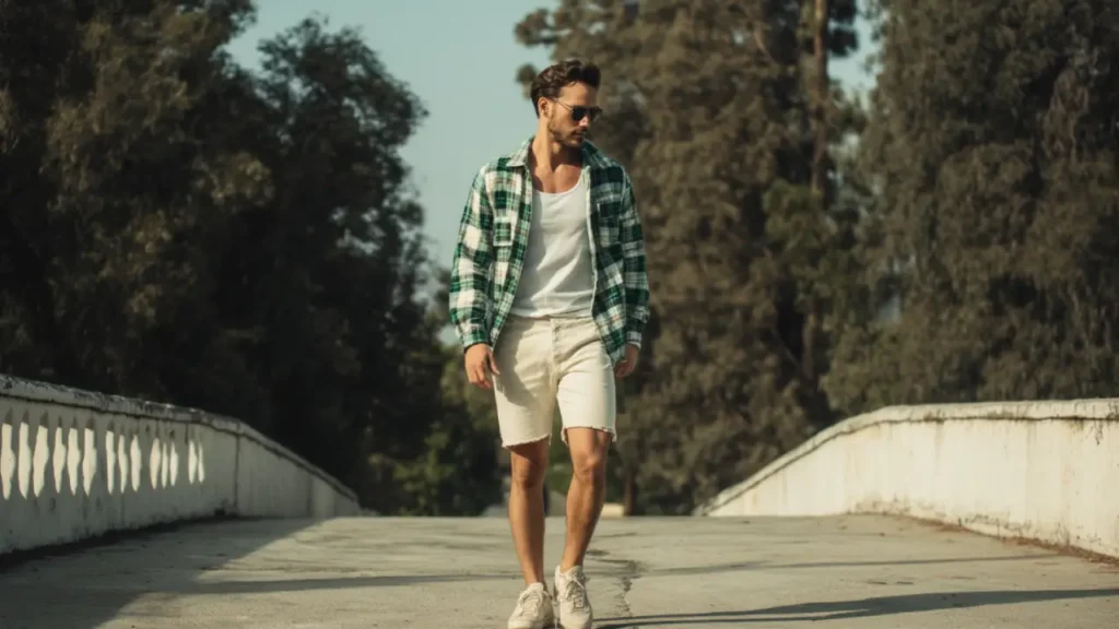 A man in an open green and white checkered flannel shirt, paired with fitted shorts and sneakers, standing in a sunny outdoor setting.