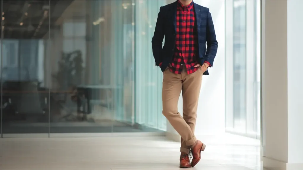 A man in a navy blazer over a tucked-in red and black checkered flannel shirt, paired with chinos and dress shoes, in an office environment.