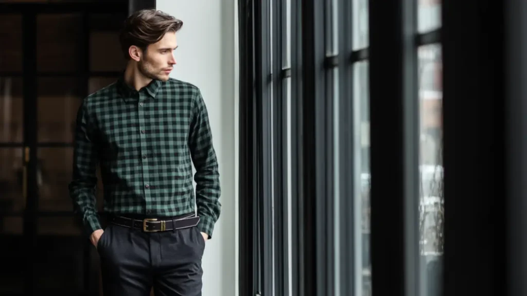 A man in a dark green and black checkered flannel shirt tucked into chinos with a leather belt and derby shoes, standing in a professional office environment.